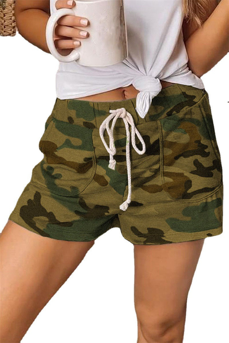 Camo Casual Shorts Loose Strap Pants For Ladies