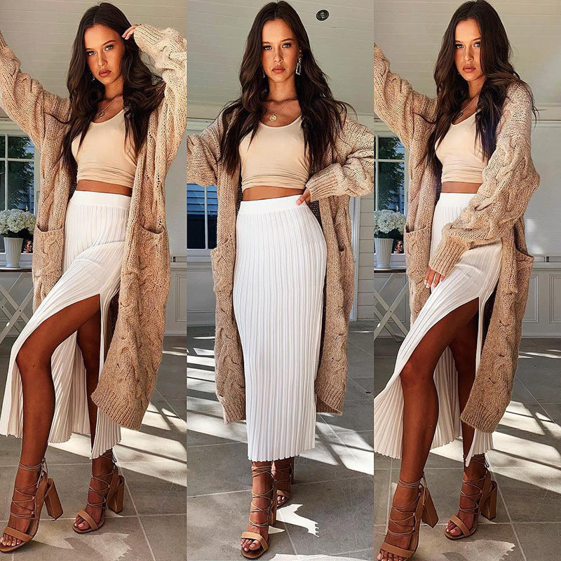 Sexy High-Waisted Knitted Slit Midi Skirt White Bodycon Spicy Girl Pencil Skirt