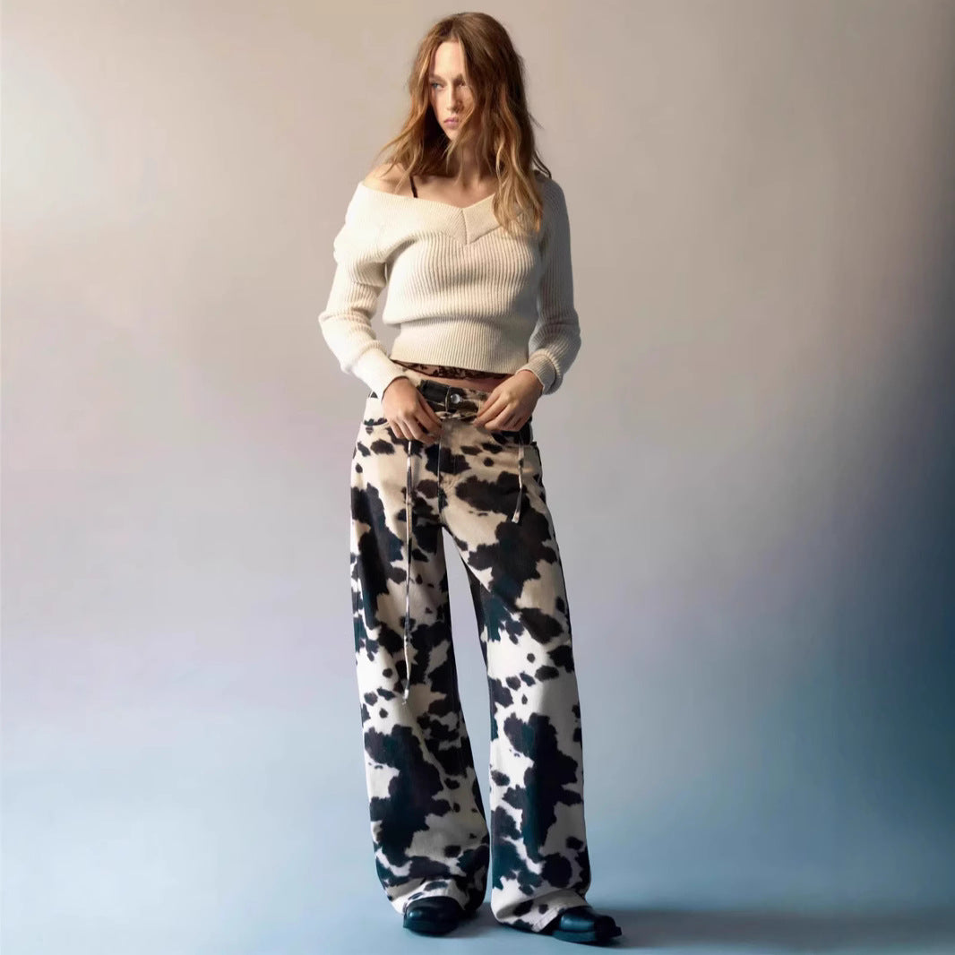 Style Vintage Straight Leg Jeans with Cow Print Washed Tie-Dye Denim Trousers Loose Long Pants Trendy