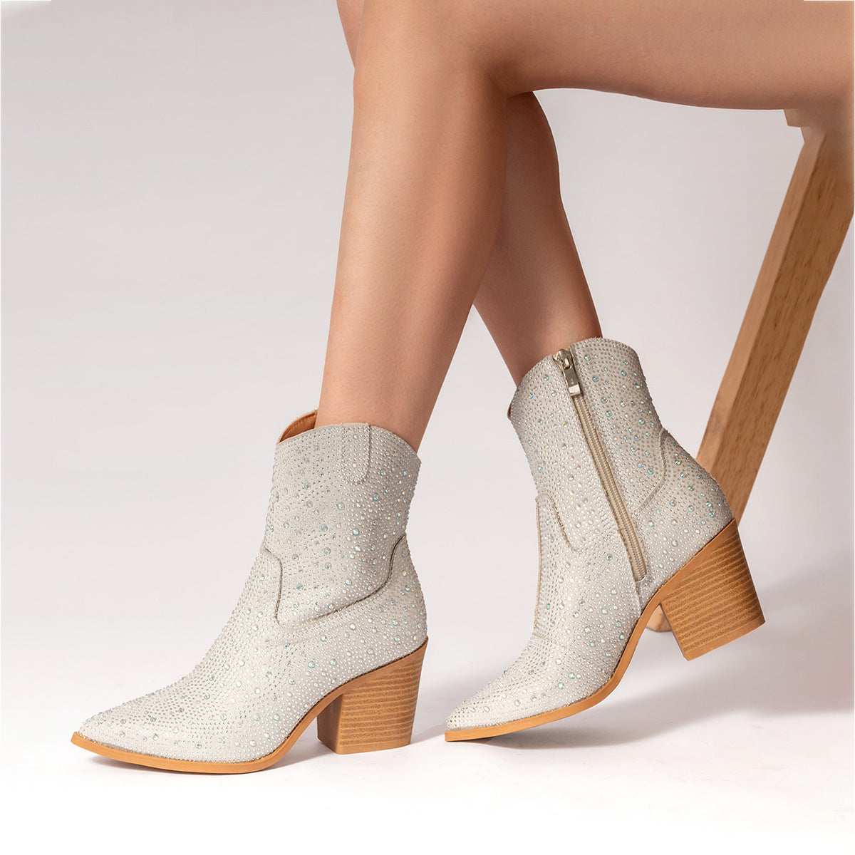 Rhinestone Decor Zipper Design Boots For Women Chunky Heel Fashion Trendy Crystals Cowboy Boots Glitter Shoes Woman