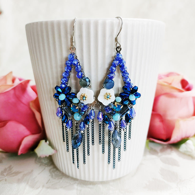 Vintage Tassel Shell Flower Crystal Earrings