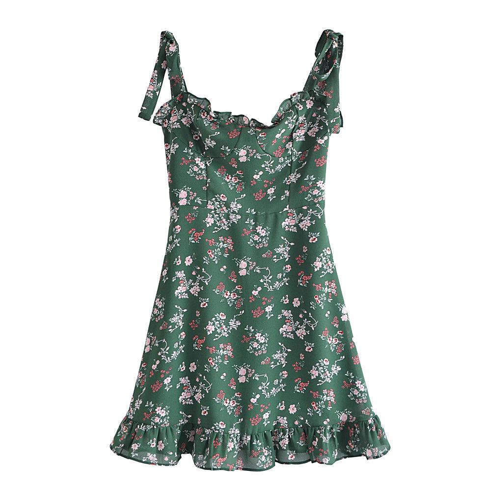 Sweet Sexy French Vintage Little Fresh Floral Printed Slim Fit Stringy Selvedge Lace up Dress