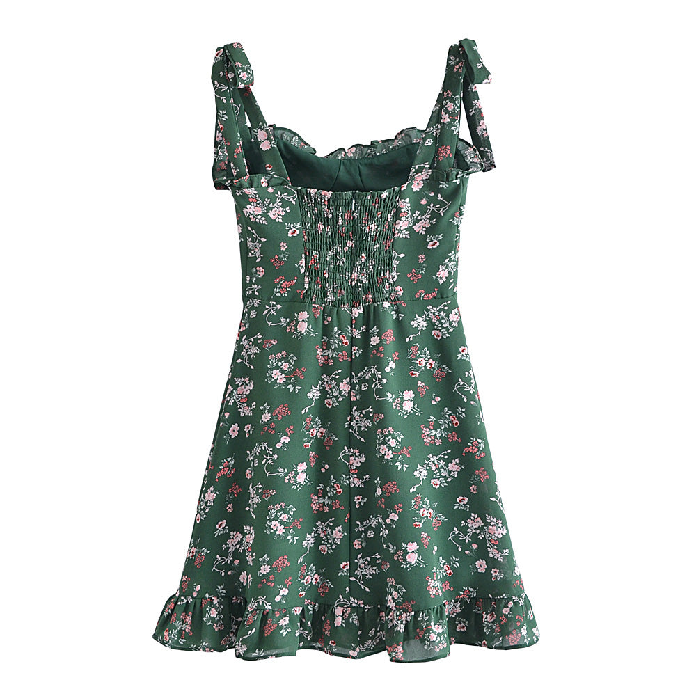 Sweet Sexy French Vintage Little Fresh Floral Printed Slim Fit Stringy Selvedge Lace up Dress