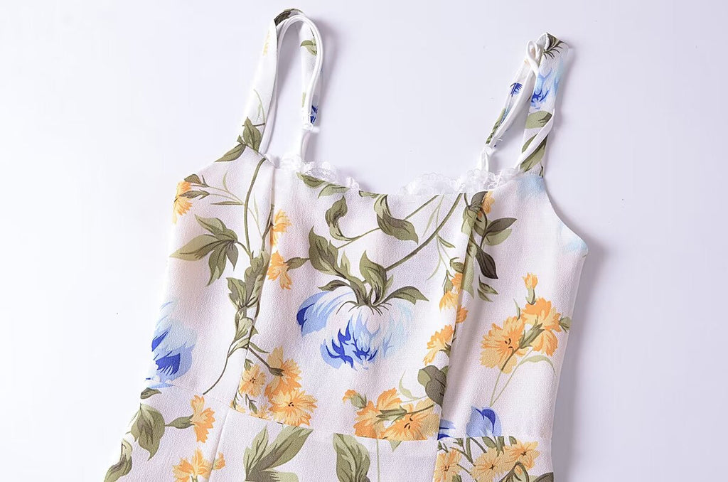 Women French Retro V Neck Slim Fit Printed Fishtail Dress Seaside Vacation