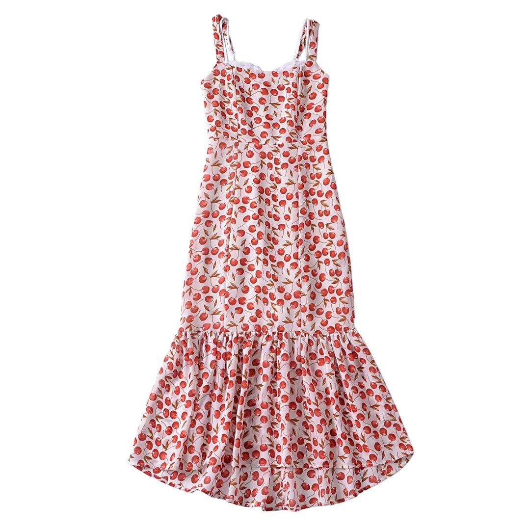 Women French Retro V Neck Slim Fit Printed Fishtail Dress Seaside Vacation