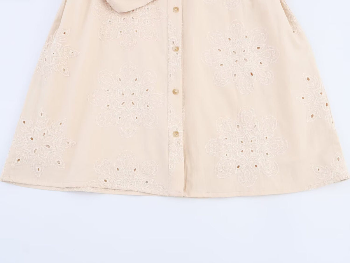 Women Clothing Summer Office Sleeveless Hollow Out Cutout Embroidery Short Dress
