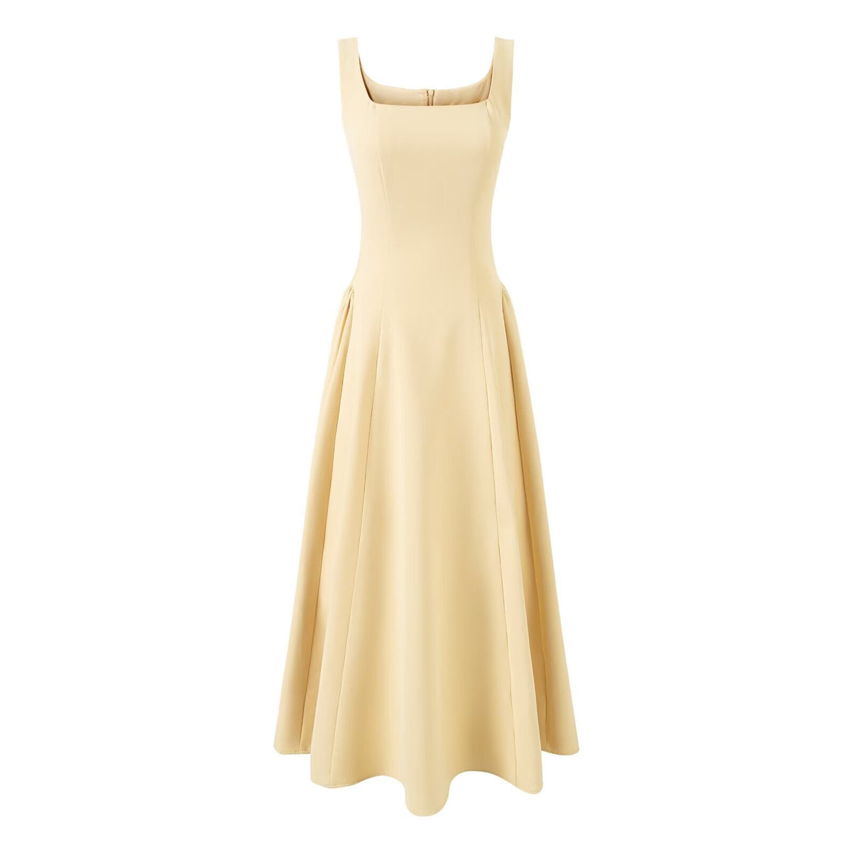 Yellow Square Collar Sling Dress Women Summer Slim Fit Tight Waist Pleated