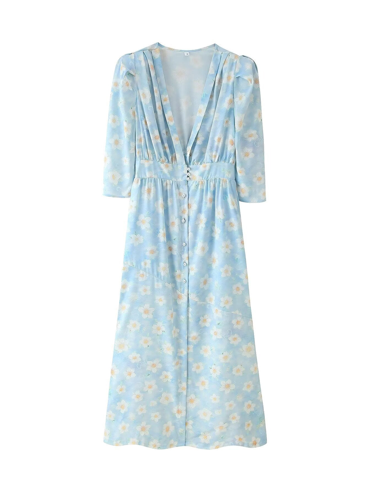 Summer Women Clothing Refined Stylish Simple V neck Printed Puff Sleeve Pearl Buckle Dress