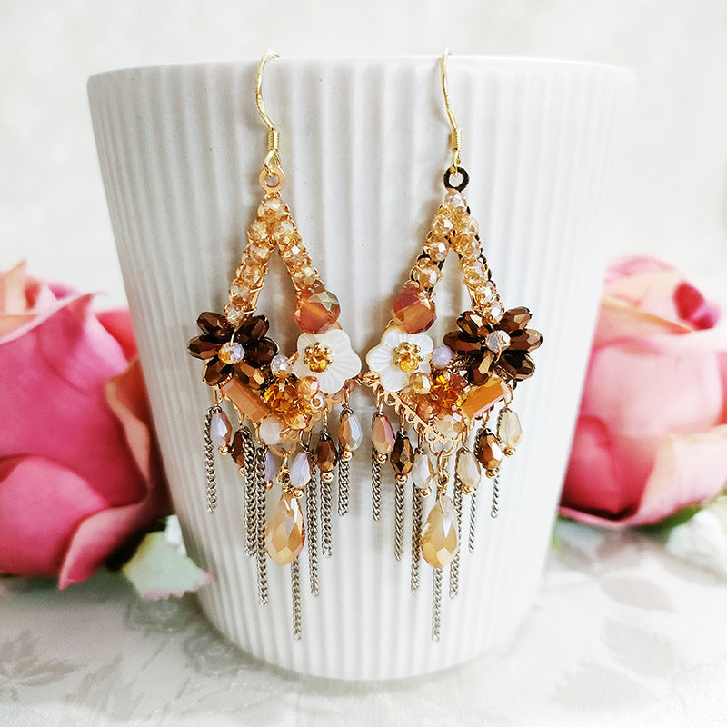 Vintage Tassel Shell Flower Crystal Earrings
