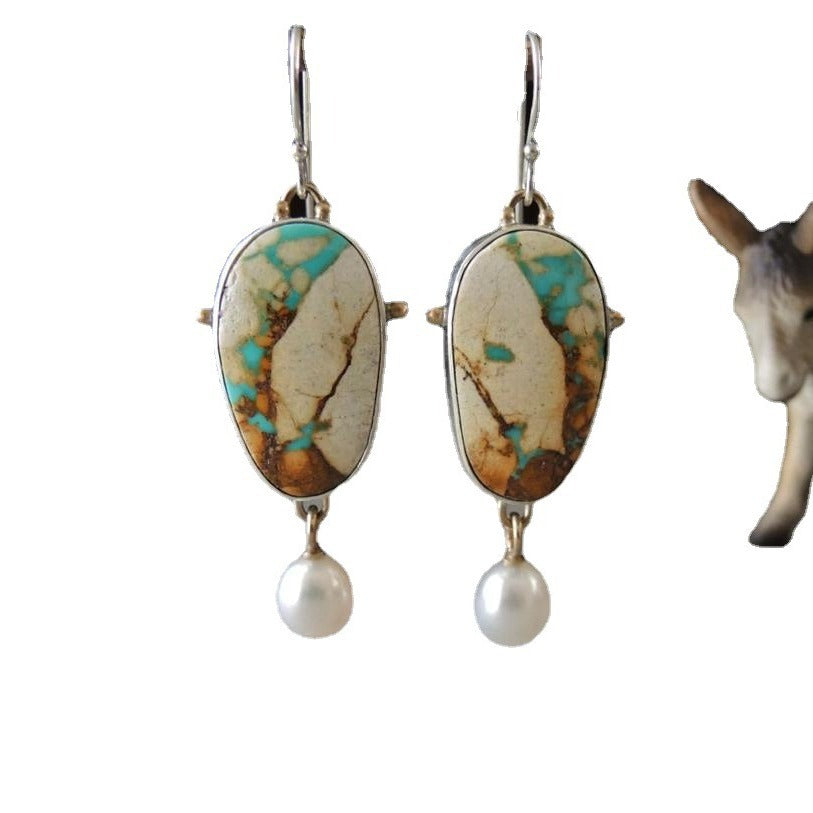 Vintage Colored Turquoise And Pearl Drop Pendant Earrings