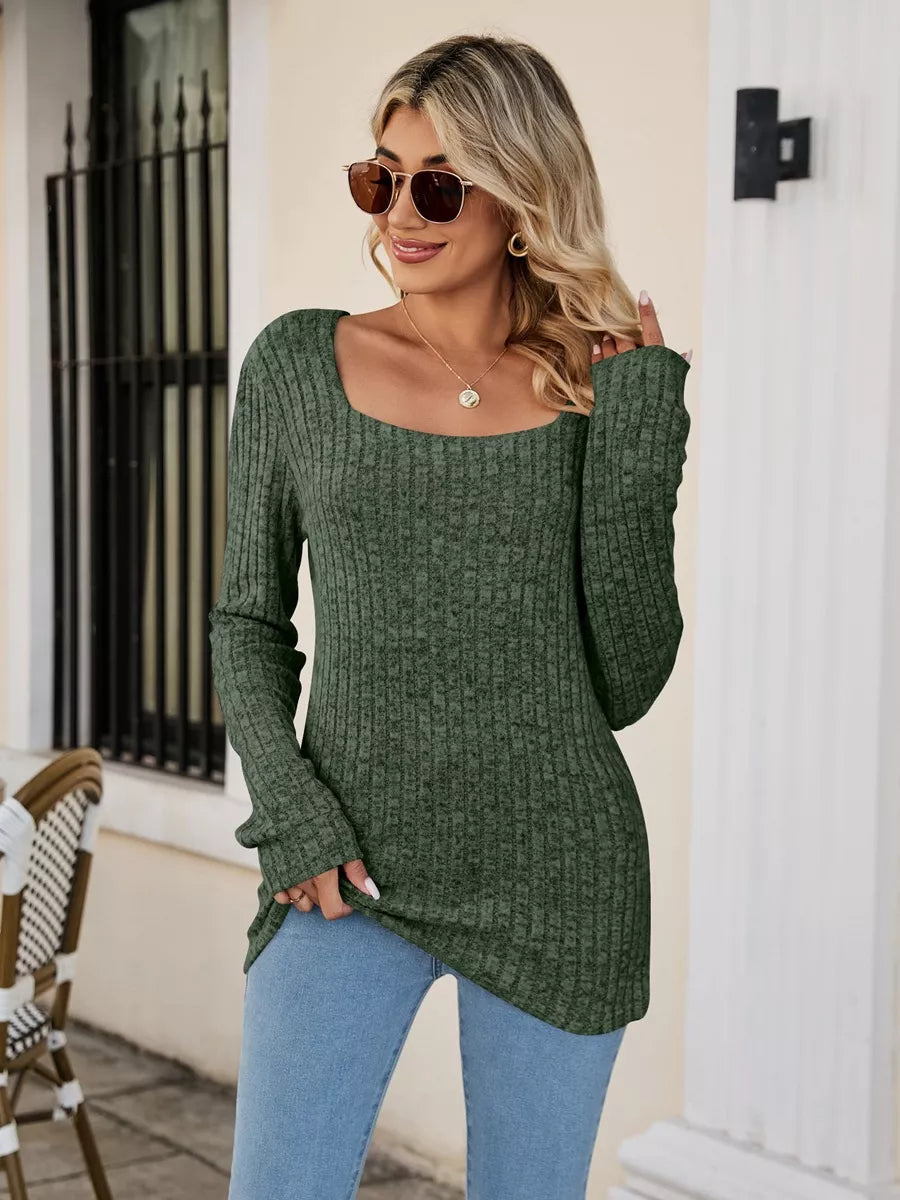 Ribbed Square Neck Long Sleeve T-Shirt