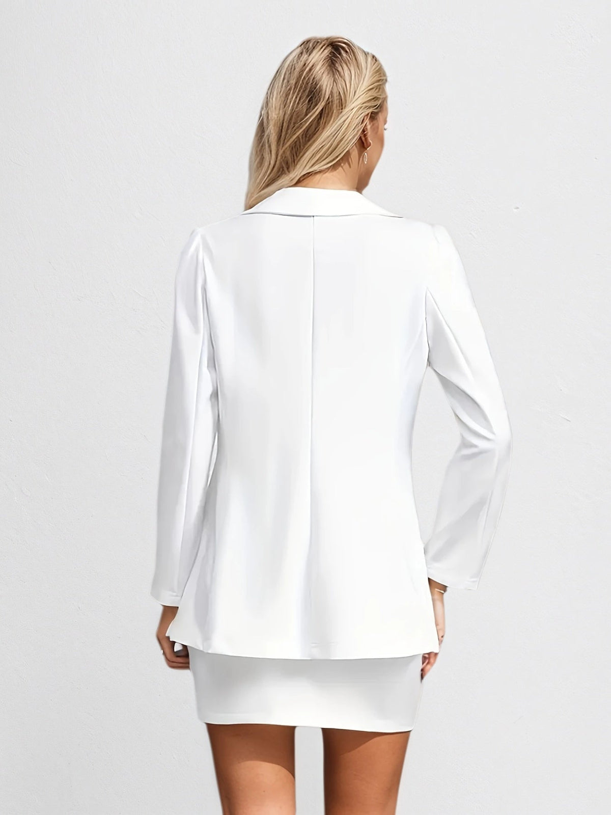 New Pure White Long Sleeved Skirt Set, Lapel Suit Jacket&solid Color Skirt, Double Breasted Closure, Comfortable And Casual, Noble And Elegant
