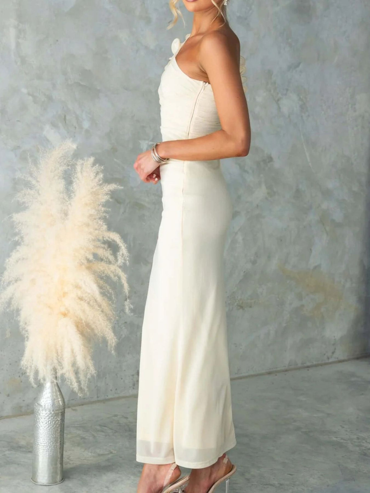 One-Shoulder Floral Trim Sleeveless Maxi Dress