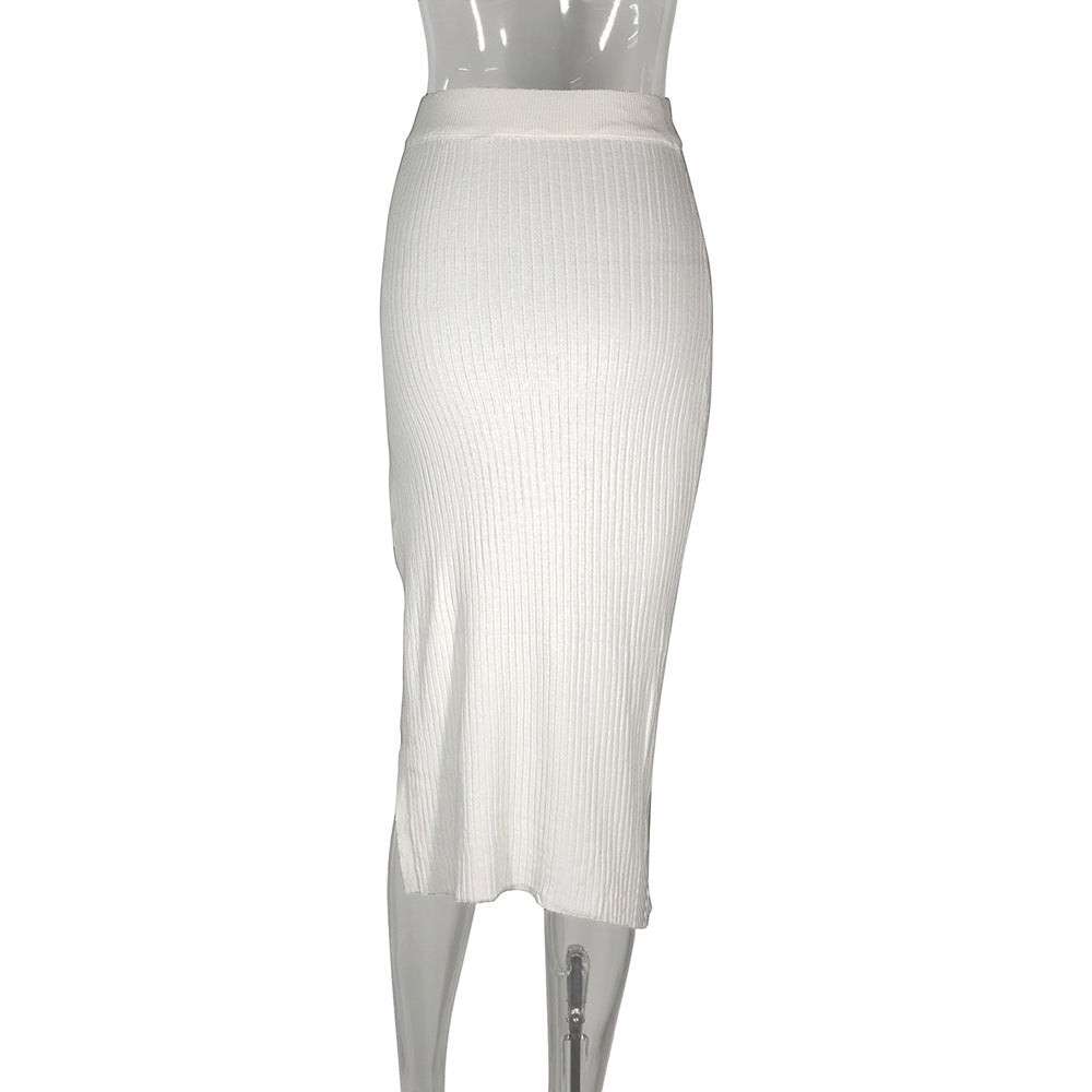 Sexy High-Waisted Knitted Slit Midi Skirt White Bodycon Spicy Girl Pencil Skirt