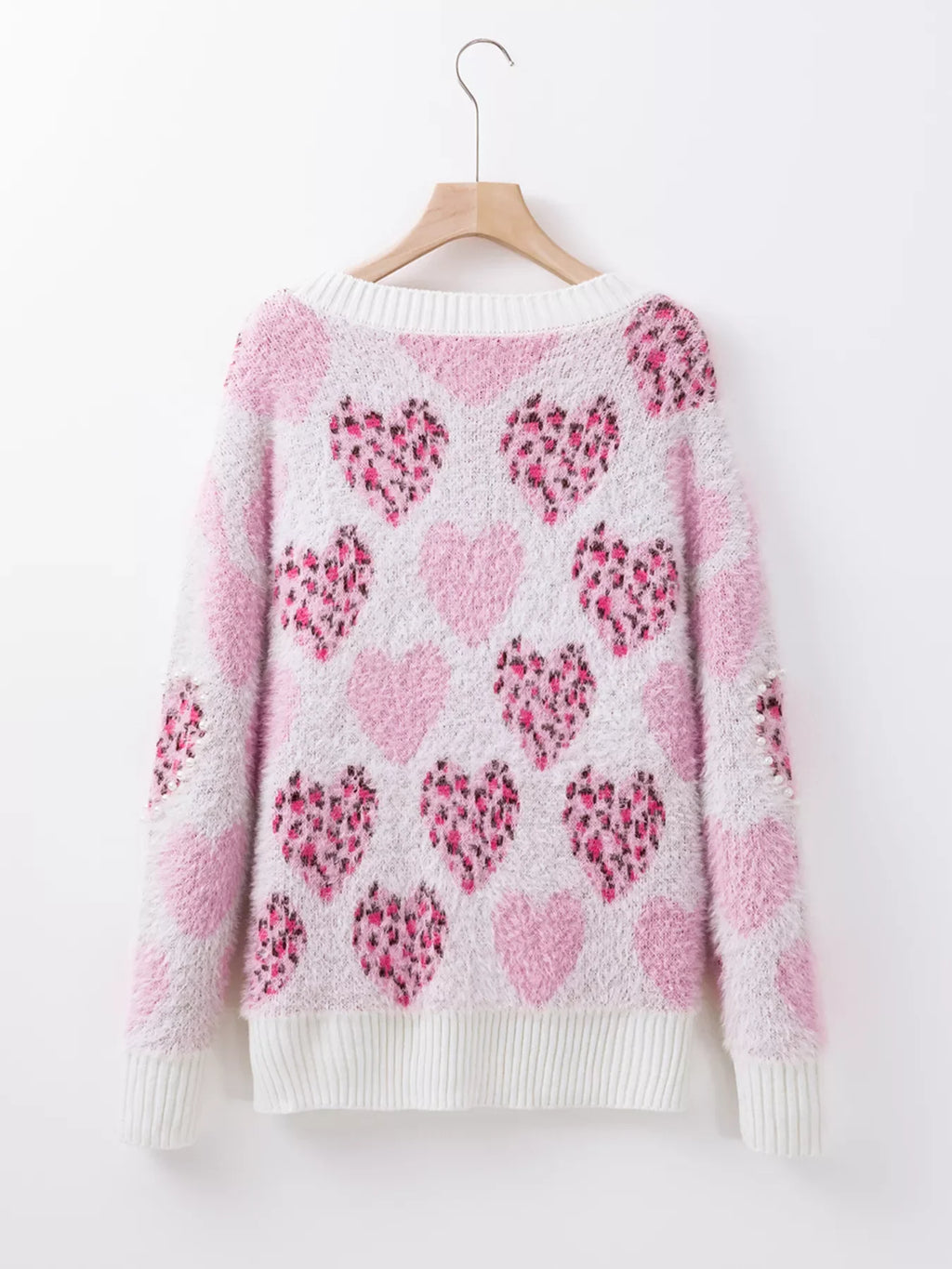 Heart Leopard Pearled Ribbed Trim Fuzzy Sweater