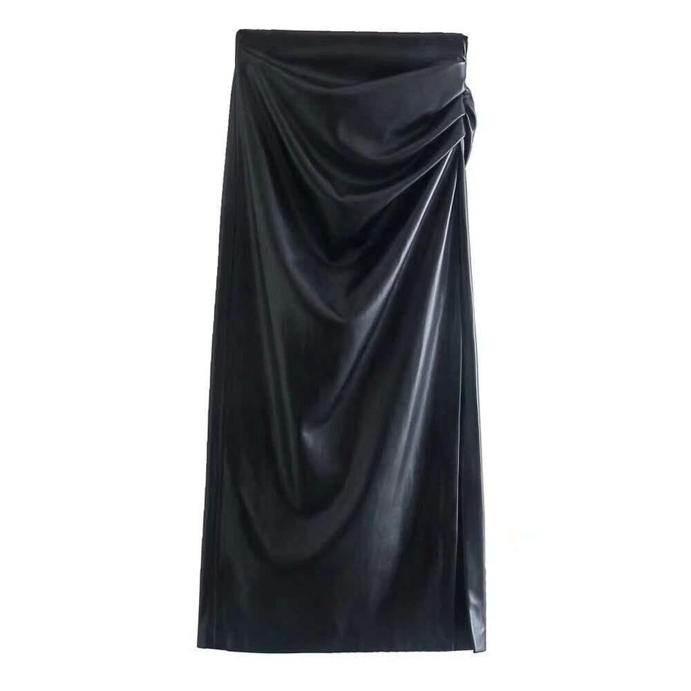 Women Fashion Side Slit Faux Leather Draped Midi Pencil Skirt Vintage High Waist Back Zipper Female Skirts