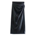 Women Fashion Side Slit Faux Leather Draped Midi Pencil Skirt Vintage High Waist Back Zipper Female Skirts