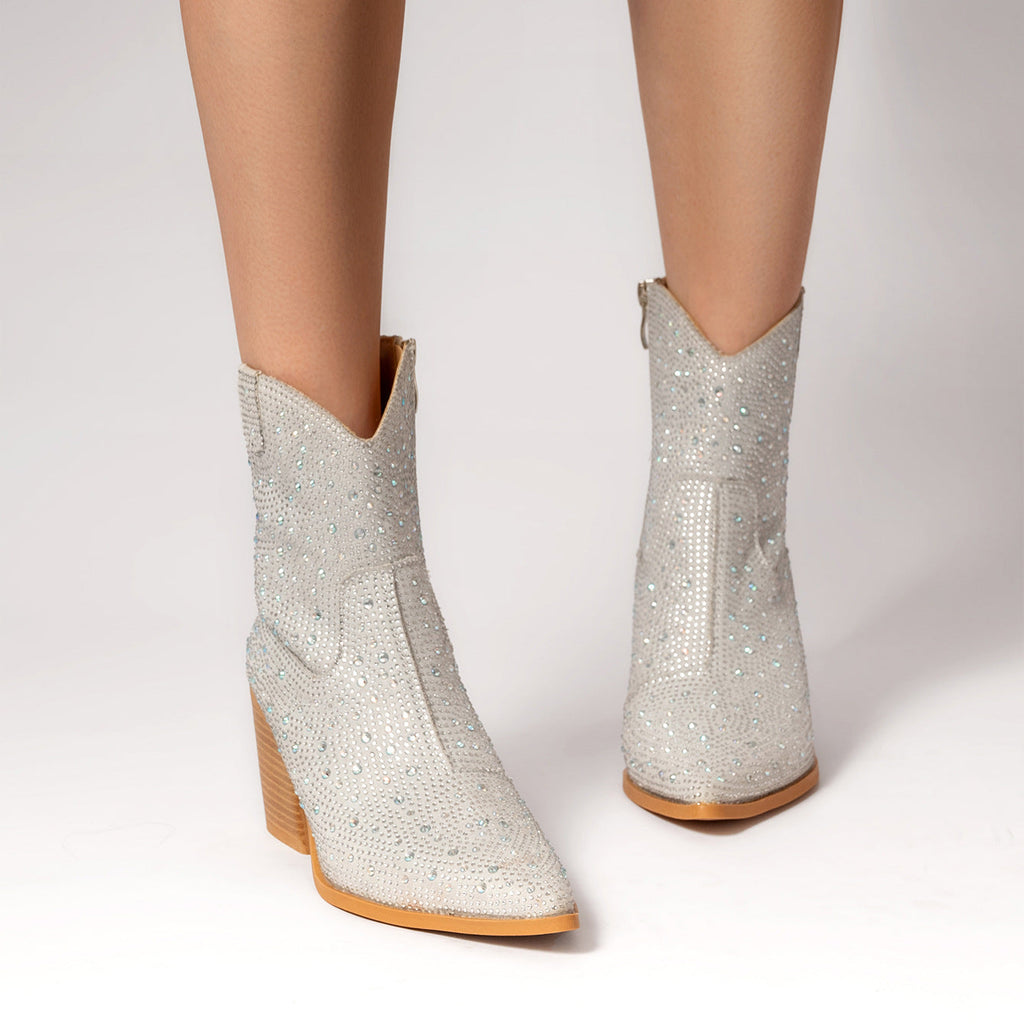 Rhinestone Decor Zipper Design Boots For Women Chunky Heel Fashion Trendy Crystals Cowboy Boots Glitter Shoes Woman