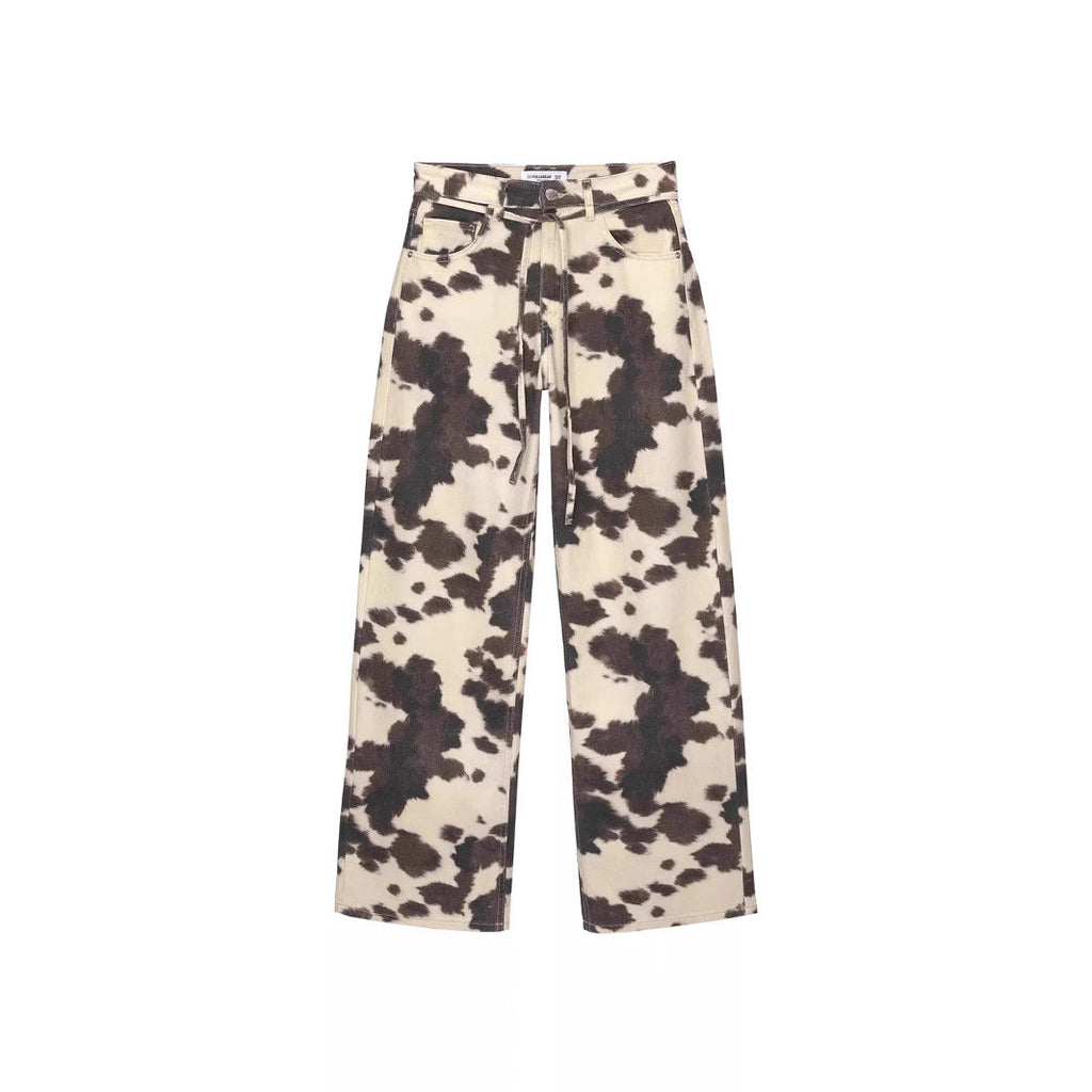 Style Vintage Straight Leg Jeans with Cow Print Washed Tie-Dye Denim Trousers Loose Long Pants Trendy