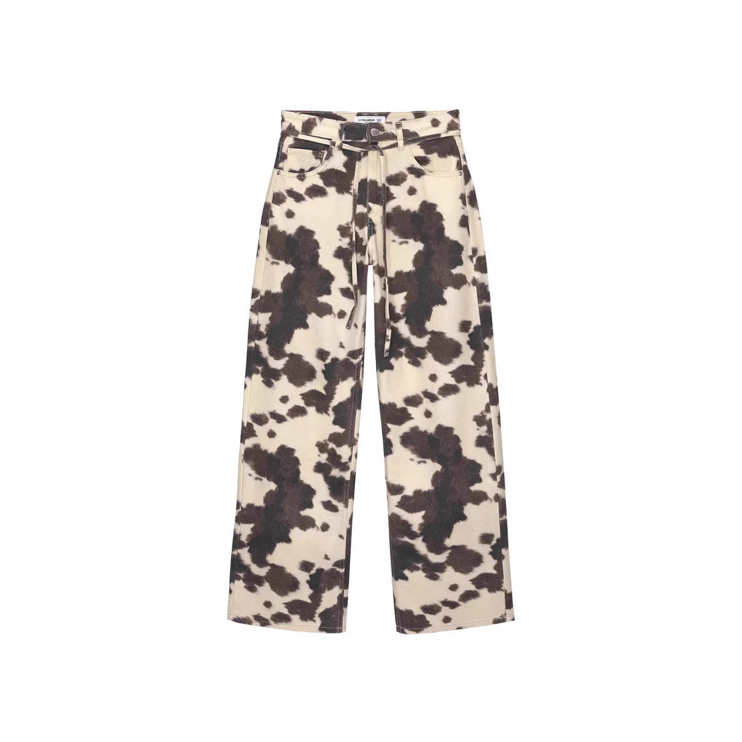 Style Vintage Straight Leg Jeans with Cow Print Washed Tie-Dye Denim Trousers Loose Long Pants Trendy