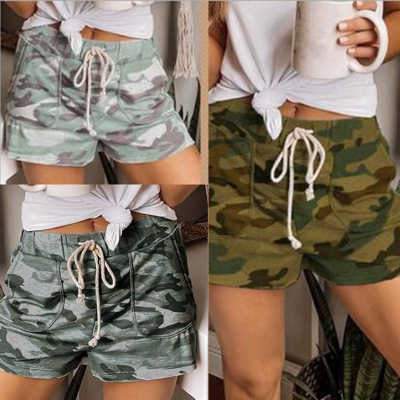 Camo Casual Shorts Loose Strap Pants For Ladies