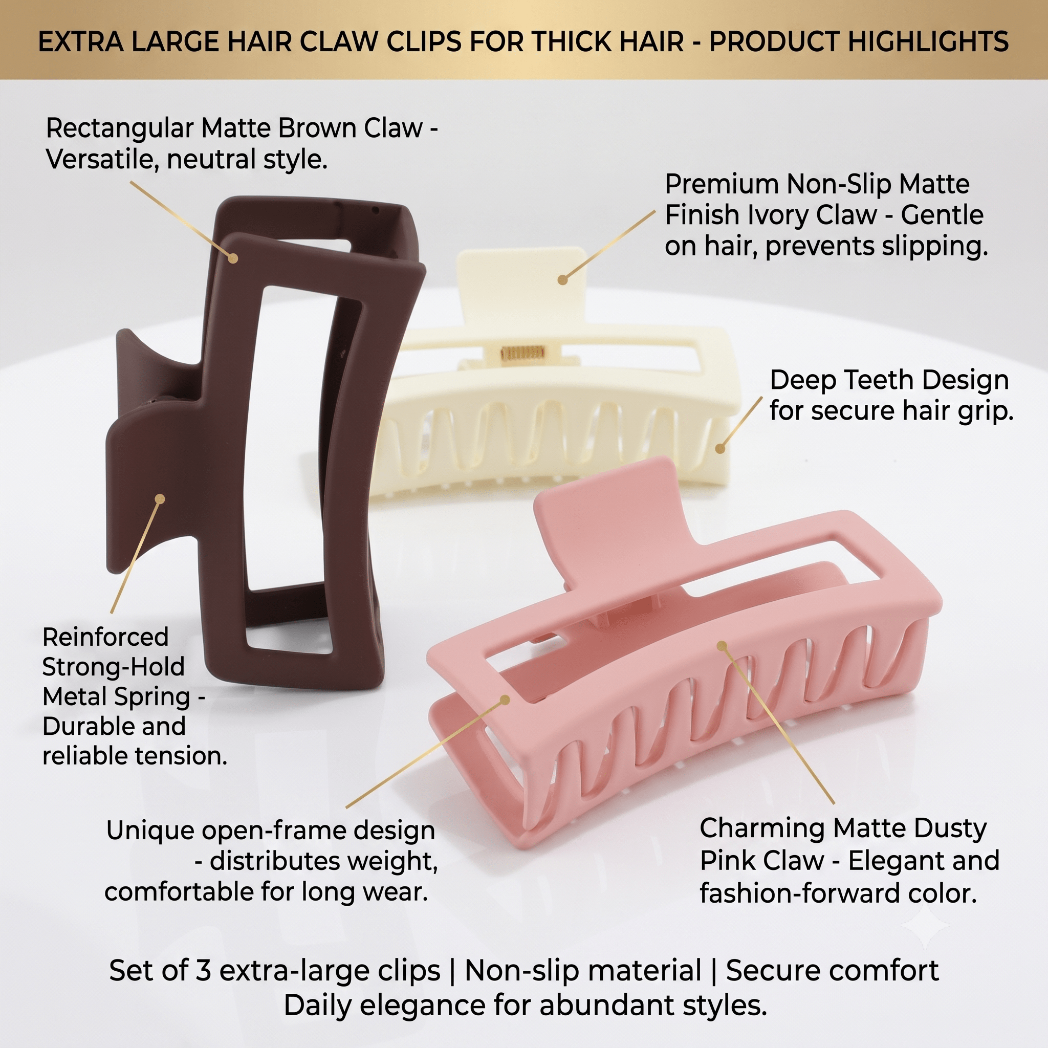 5-Inch Large Claw Clips – 3-Pack Non-Slip Hair Clips for Thick Hair