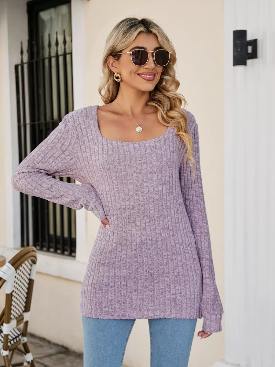 Ribbed Square Neck Long Sleeve T-Shirt