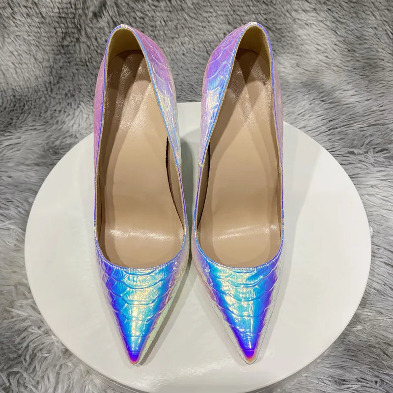 Shiny Silver Crocodile pattern Women Pointy Toe High Heel Shoes Sexy Stiletto Pumps for Wedding Party