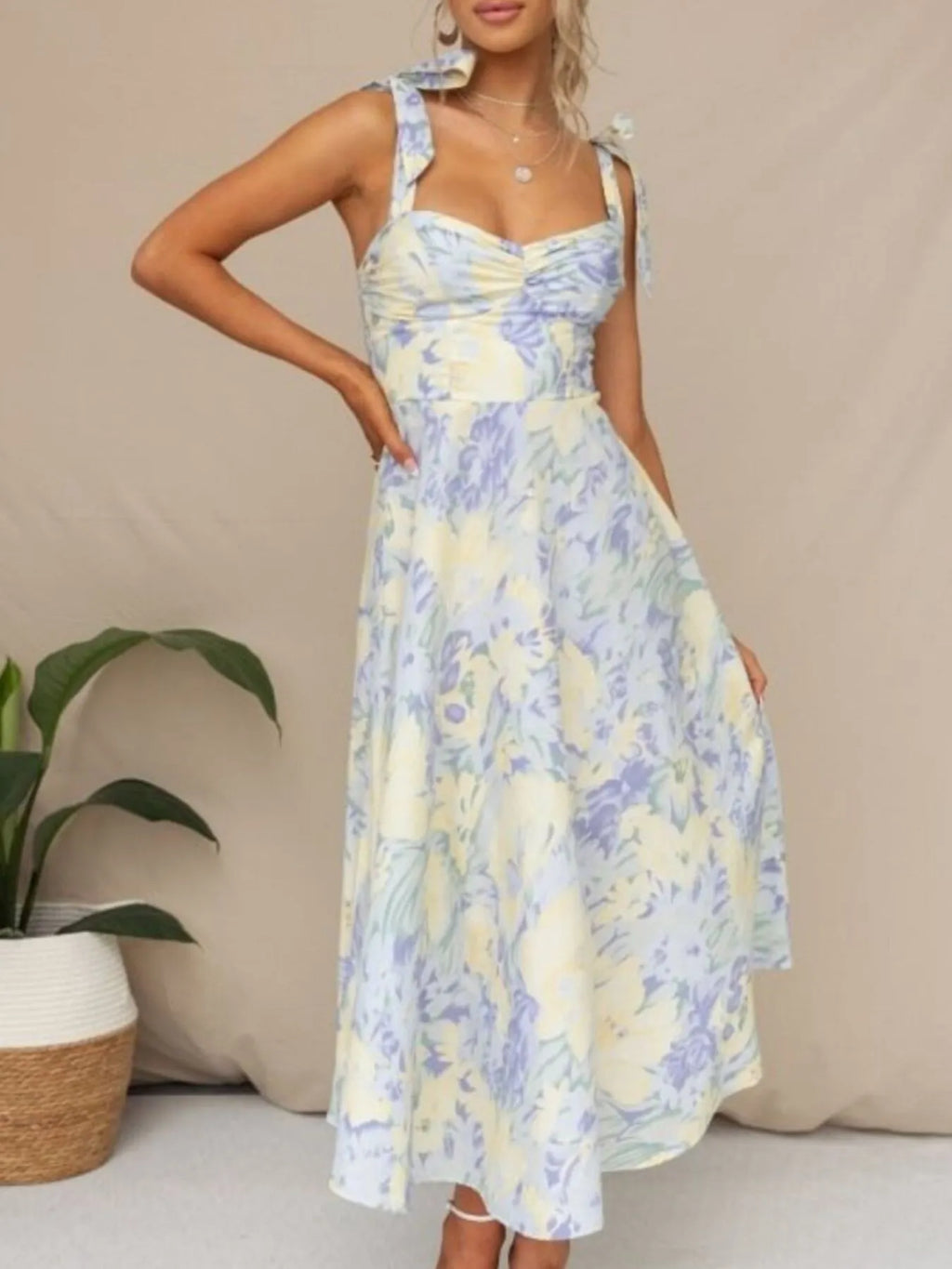 Floral Tie-Strap Sweetheart Neck Midi Dress