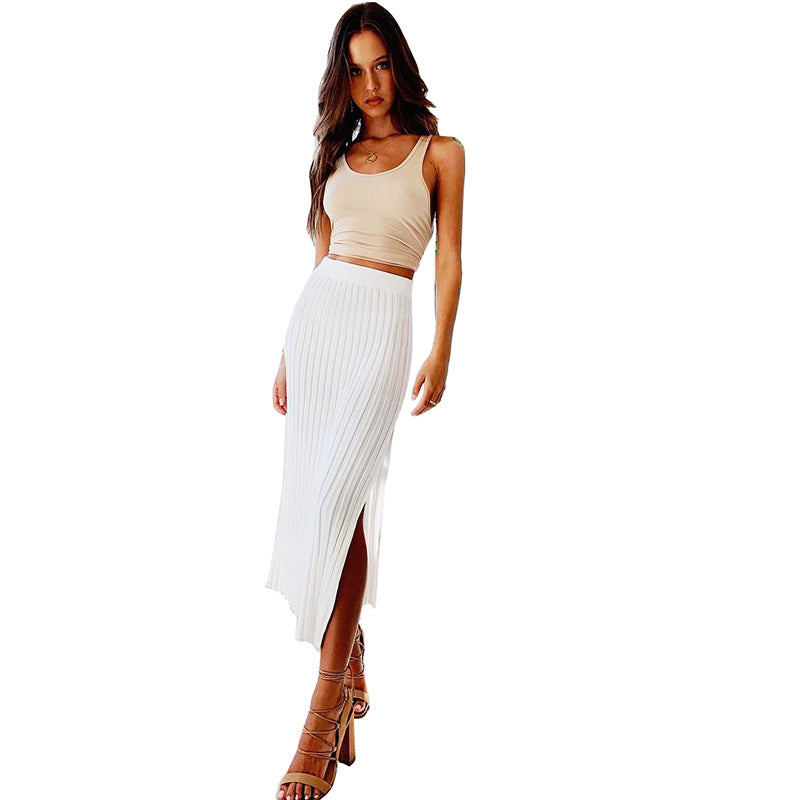 Sexy High-Waisted Knitted Slit Midi Skirt White Bodycon Spicy Girl Pencil Skirt