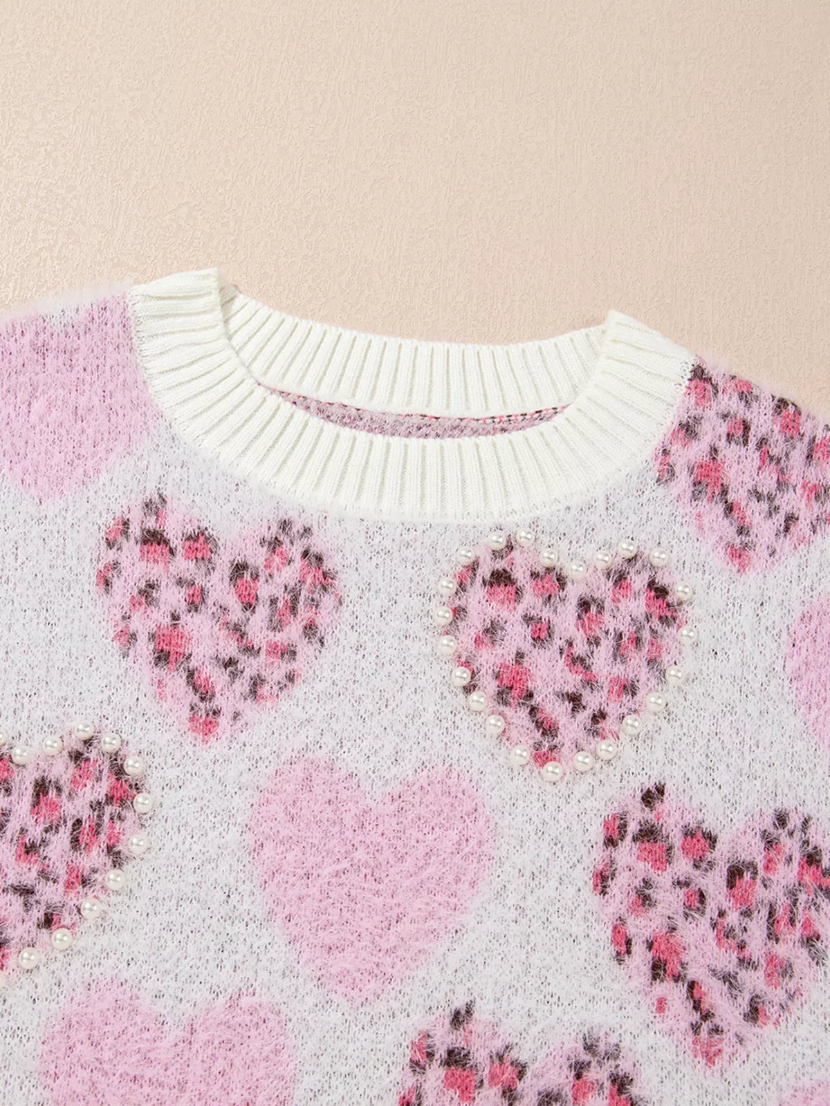 Heart Leopard Pearled Ribbed Trim Fuzzy Sweater