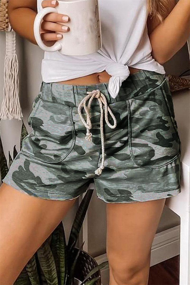 Camo Casual Shorts Loose Strap Pants For Ladies
