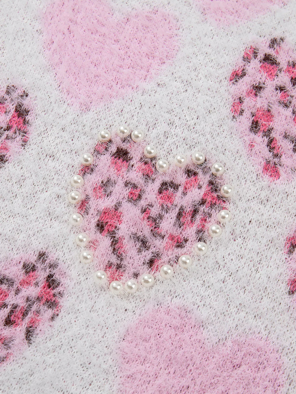 Heart Leopard Pearled Ribbed Trim Fuzzy Sweater