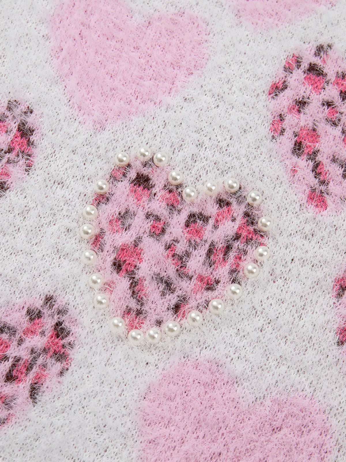 Heart Leopard Pearled Ribbed Trim Fuzzy Sweater