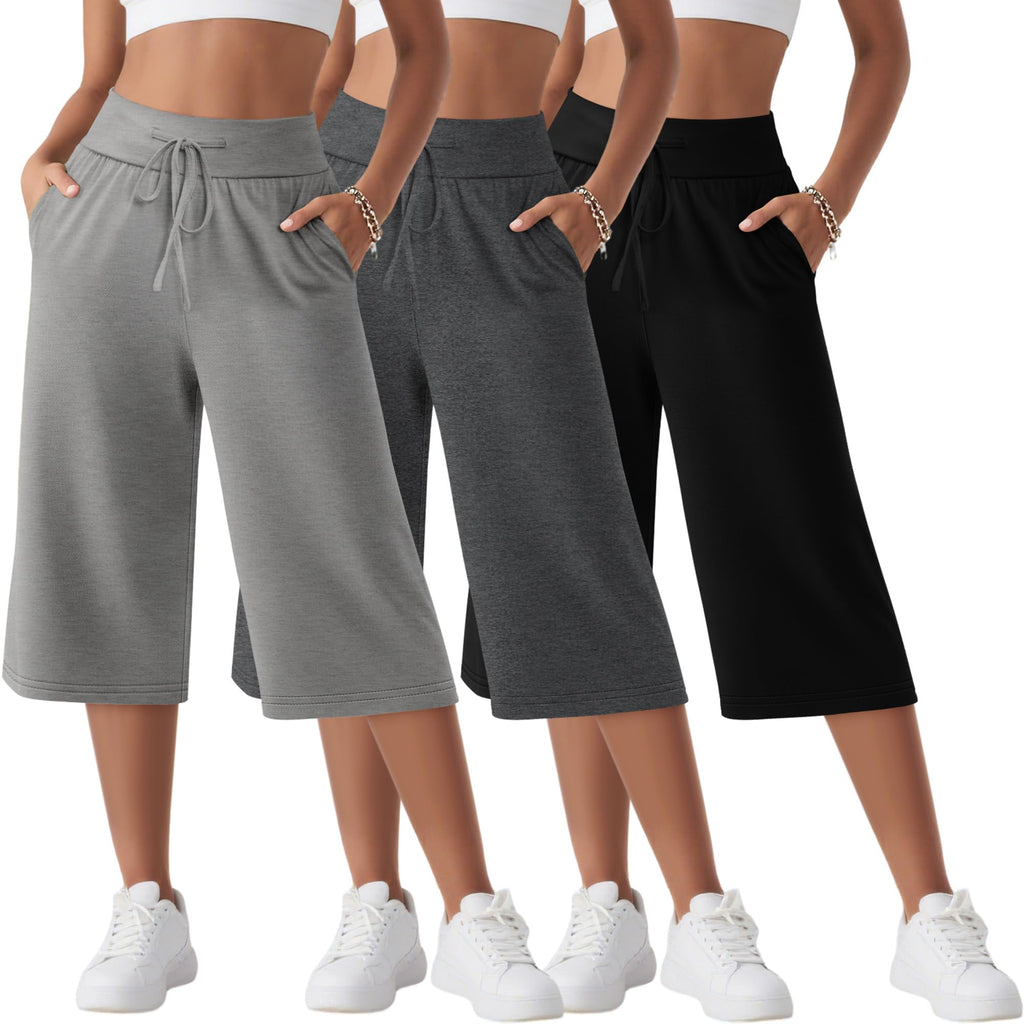 Neer Women's Capri Yoga Pants Wide Leg Drawstring Pockets Black Gray Small