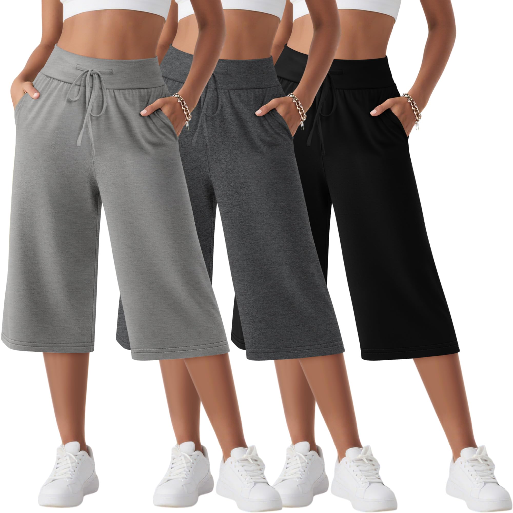 Neer Women's Capri Yoga Pants Wide Leg Drawstring Pockets Black Gray Small