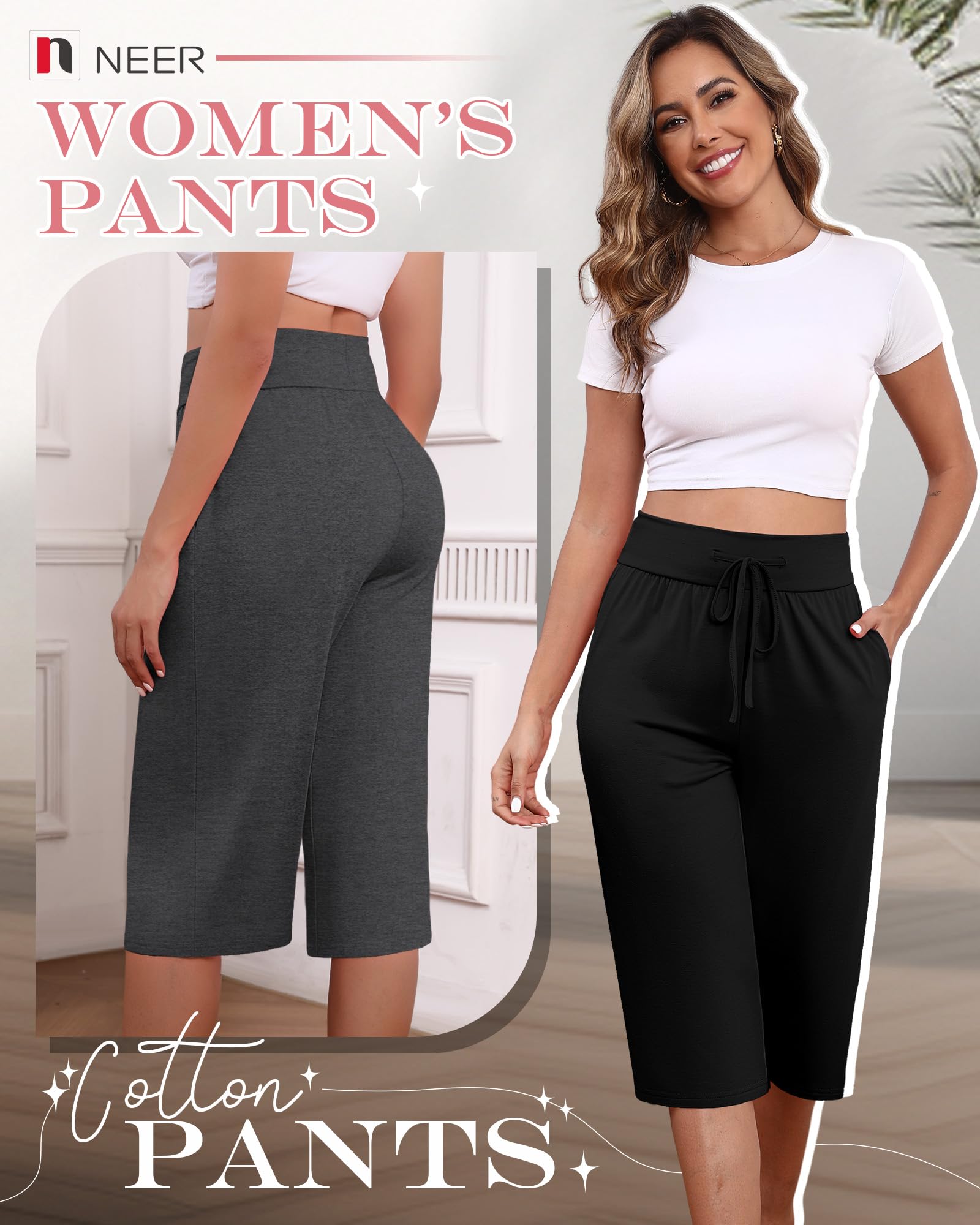 Neer Women's Capri Yoga Pants Wide Leg Drawstring Pockets Black Gray Small