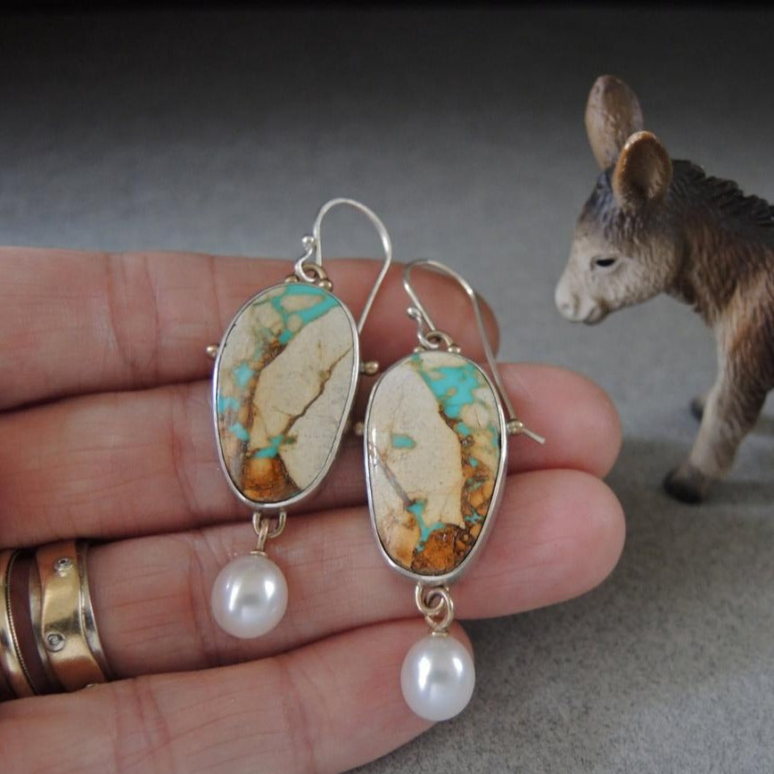 Vintage Colored Turquoise And Pearl Drop Pendant Earrings