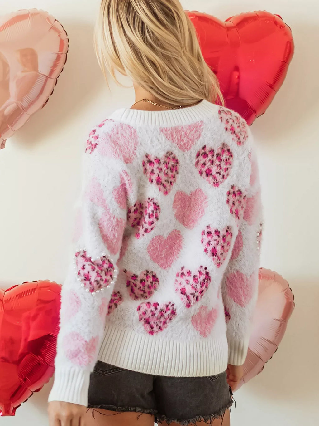 Heart Leopard Pearled Ribbed Trim Fuzzy Sweater