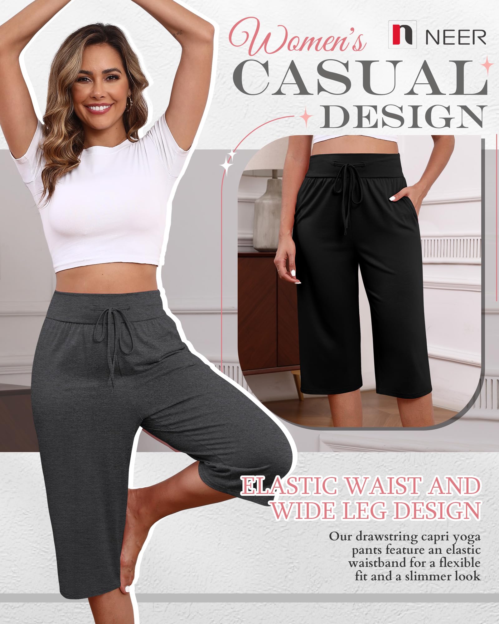 Neer Women's Capri Yoga Pants Wide Leg Drawstring Pockets Black Gray Small