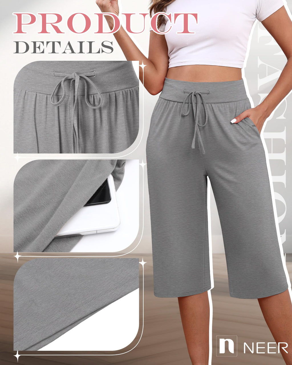 Neer Women's Capri Yoga Pants Wide Leg Drawstring Pockets Black Gray Small
