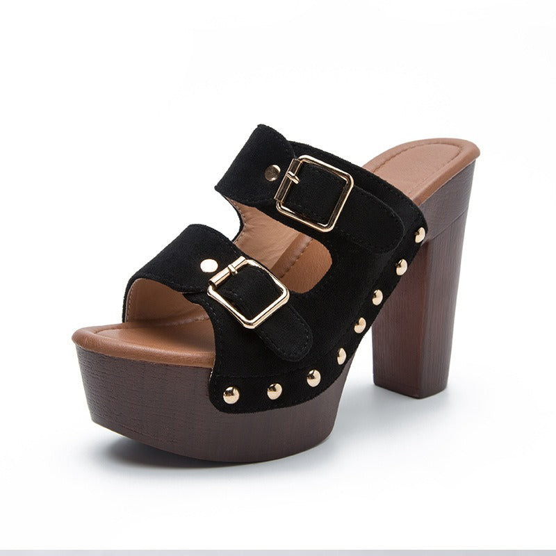 platform sandals square heel women high heel shoes ankle strap rivet mules shoes sandals