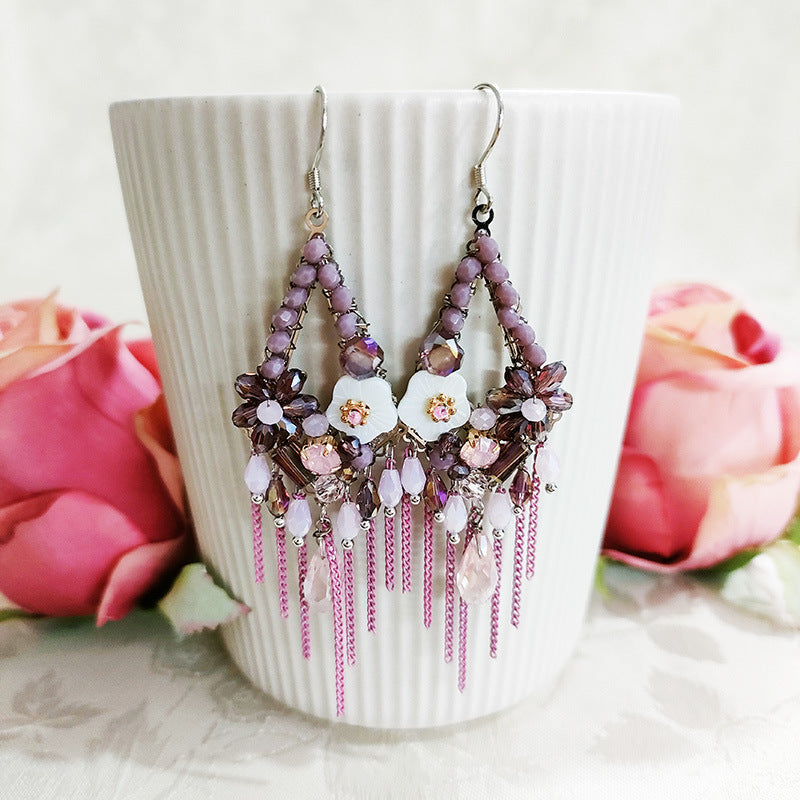 Vintage Tassel Shell Flower Crystal Earrings