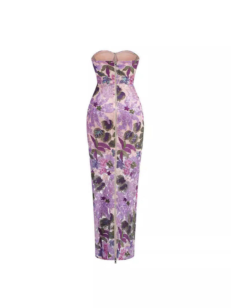 Female Purple Embroidered Sequins Bandeau Slim-fit Dress