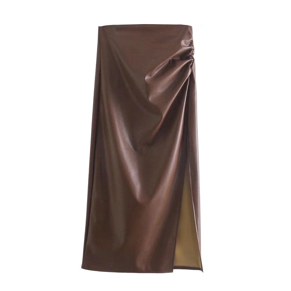Women Fashion Side Slit Faux Leather Draped Midi Pencil Skirt Vintage High Waist Back Zipper Female Skirts