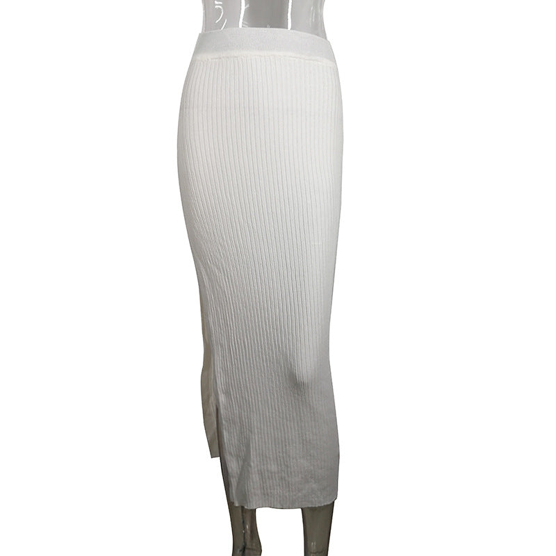Sexy High-Waisted Knitted Slit Midi Skirt White Bodycon Spicy Girl Pencil Skirt