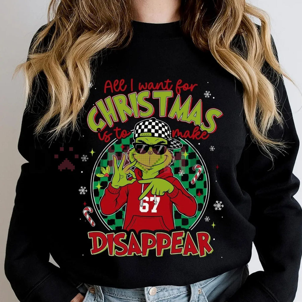 All I Want For Christmas Is To Make 67 Disappear' Meme Crewneck – Trendy Xmas Checkered Hat Mean Guy Design, Funny Boy Christmas Jumper
