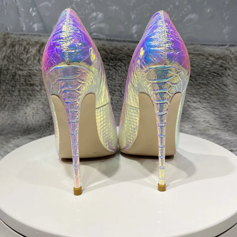 Shiny Silver Crocodile pattern Women Pointy Toe High Heel Shoes Sexy Stiletto Pumps for Wedding Party