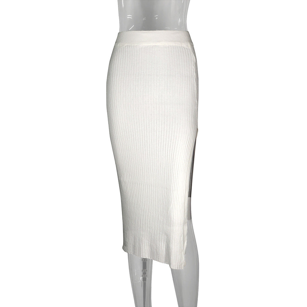 Sexy High-Waisted Knitted Slit Midi Skirt White Bodycon Spicy Girl Pencil Skirt