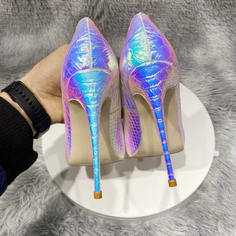 Shiny Silver Crocodile pattern Women Pointy Toe High Heel Shoes Sexy Stiletto Pumps for Wedding Party